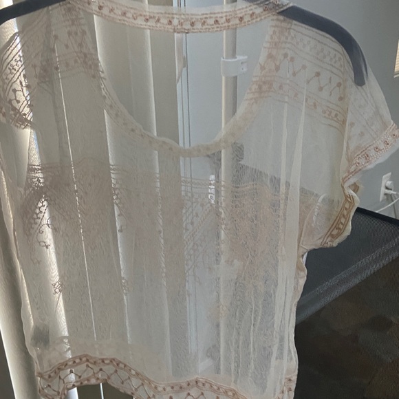 Free People Sheer Embroidered Blouse in Cream and Tan - Picture 2 of 2